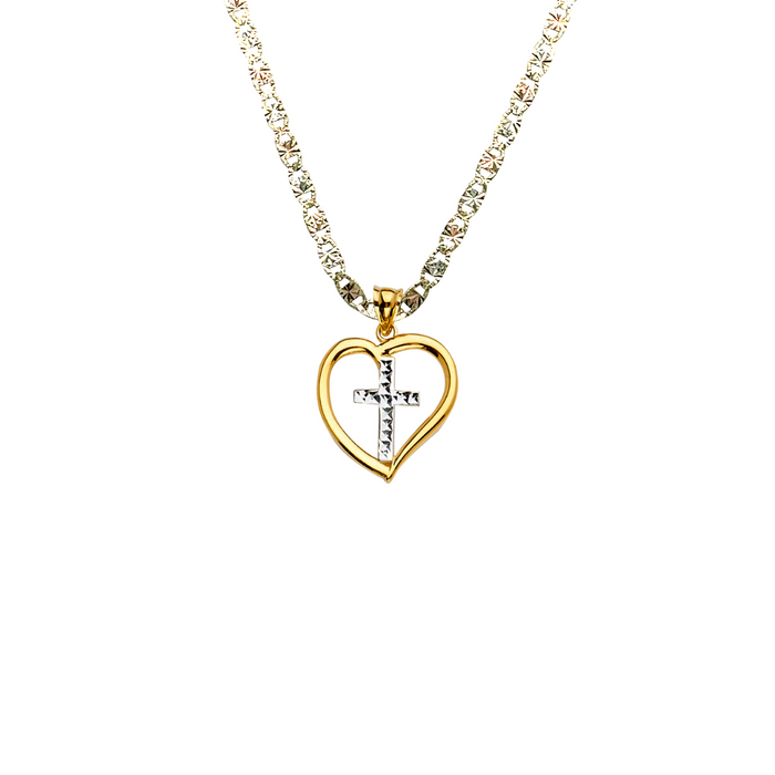 14k Gold Two Tone Heart Cross Pendant with Solid Chain - LE-2229