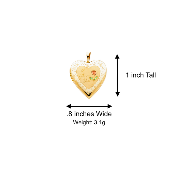 14k Gold Engraved Picture Heart Locket Pendant with Solid Chain - LE-0613