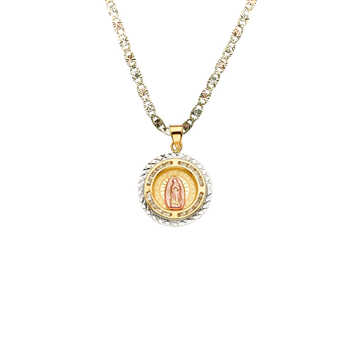 14k Virgin Mary Gold Pendant Round with Gemstones and Solid Chain - LE-2302