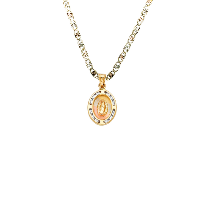 14k Virgin Mary Gold Pendant with Gemstones and Solid Chain - LE-198