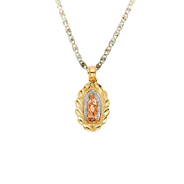 14k Virgin Mary Oval Leaf Pendant with Solid Chain - LE-1128