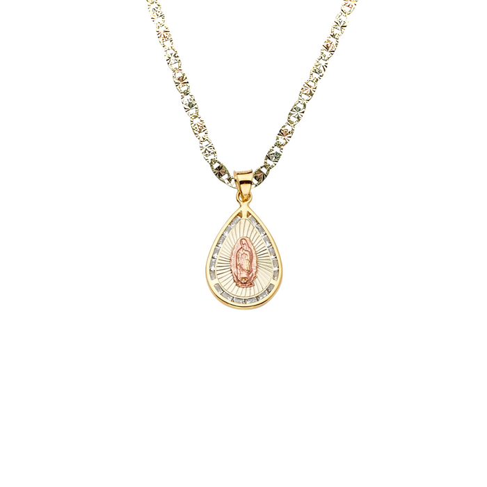 14k Virgin Mary Gold Pendant with Gemstones and Solid Chain - LE-2298