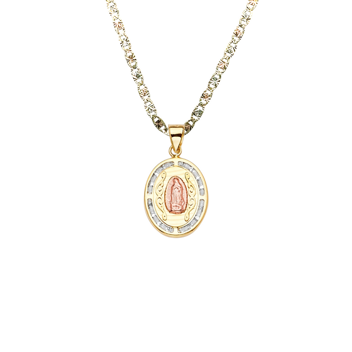 14k Virgin Mary Gold Pendant Oval Gemstones with Solid Chain - LE-2319