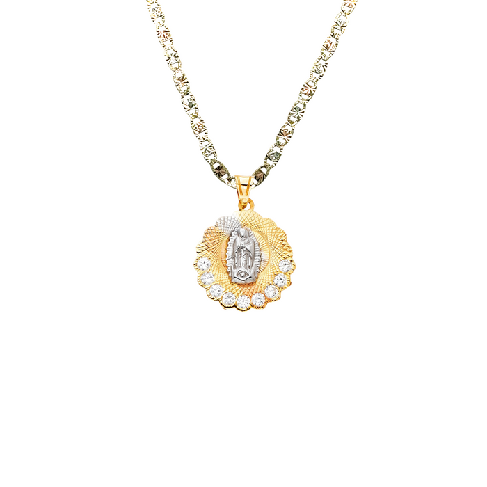 14k Virgin Mary TriGold Pendant with Gemstones and Solid Chain - LE-1299