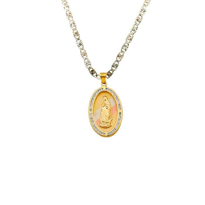 14k Virgin Mary Gold Pendant Oval with Solid Chain - LE-1301