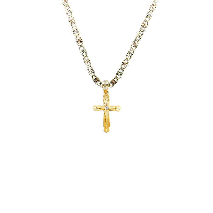 14k Gold Gemstone Cross Pendant with Solid Chain - LE-0962