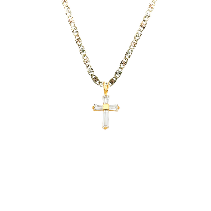 14k Gold Small Baguette Gemstone Cross Pendant with Solid Chain - LE-0541