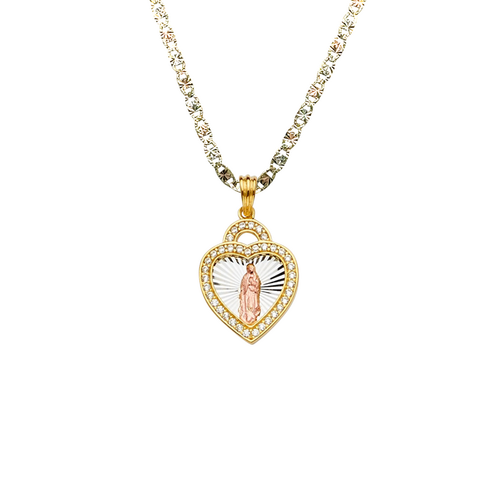 14k Virgin Mary Heart Gemstones Pendant with Solid Chain - LE-PT2295