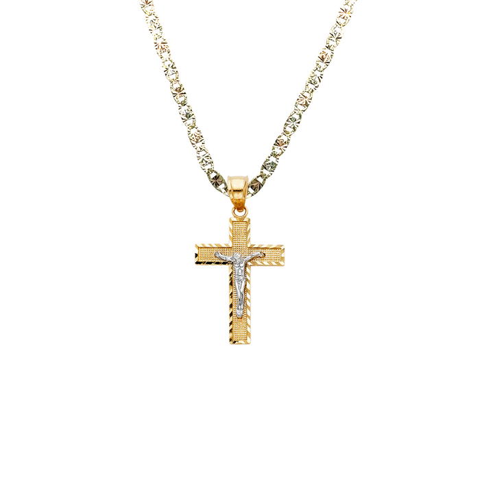 14k Two Tone Gold Jesus Cross Pendant with Solid Chain - LE-0070