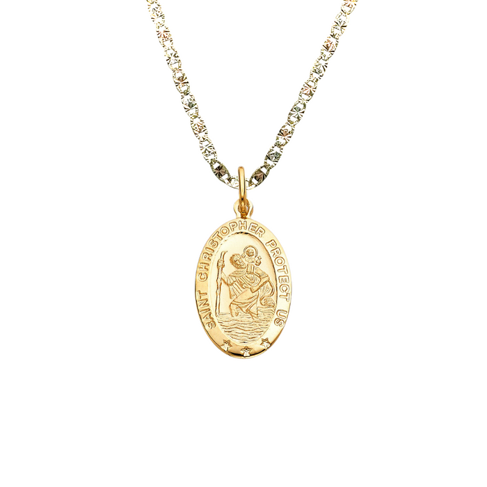 14k Saint Christopher Yellow Gold Oval Pendant with Solid Chain - LE-269