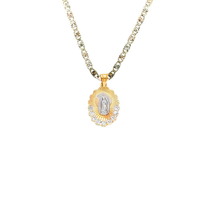 14k Virgin Mary TriGold Pendant with Gemstones and Solid Chain - LE-1298