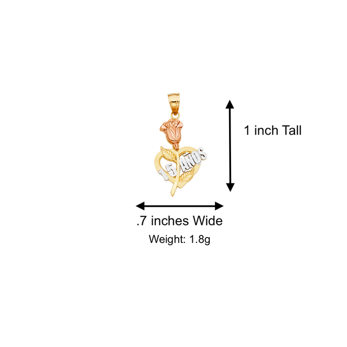 14k Gold Tri Tone 15 Años Quinceañera Heart Rose Pendant with Solid Chain - LE-1913