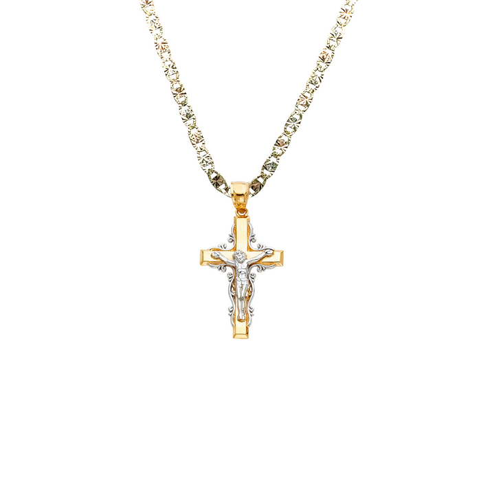 14k Two Tone Gold Ornate Jesus Cross Pendant with Solid Chain - LE-0072