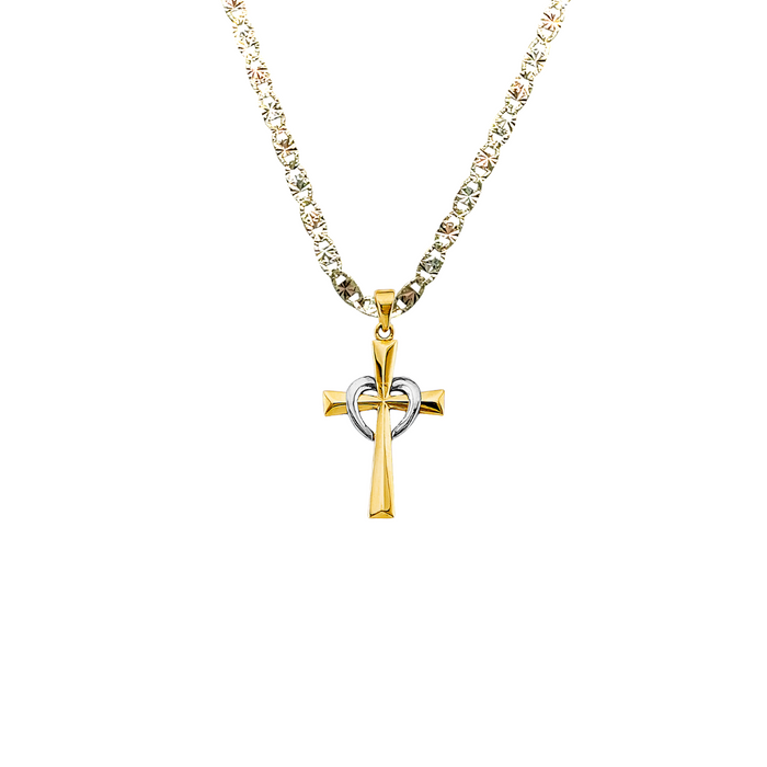 14k Gold Heart Design Cross Pendant with Solid Chain - LE-2963