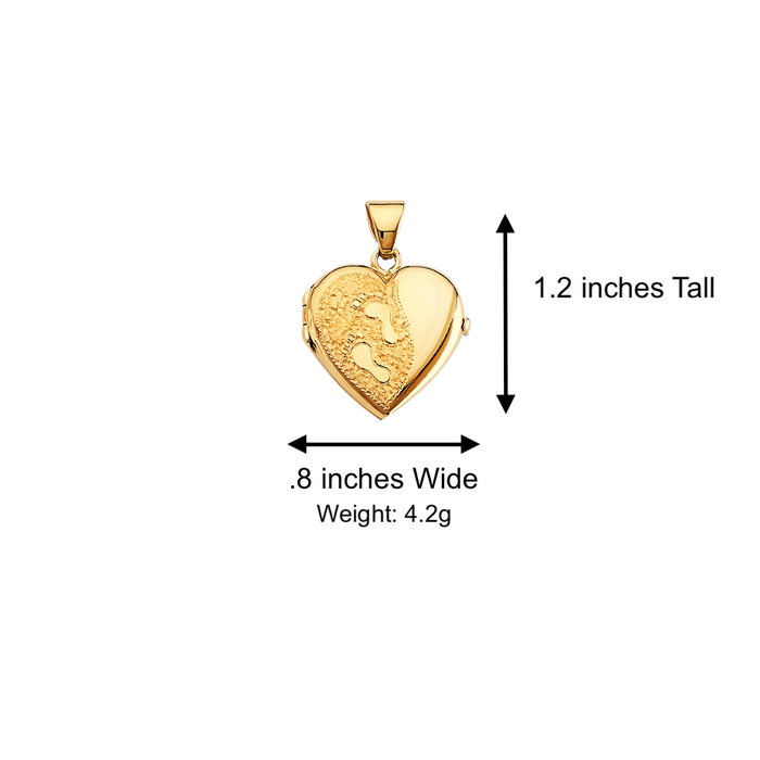 14k Gold Footprints Engraved Picture Heart Locket Pendant with Solid Chain - LE-2573