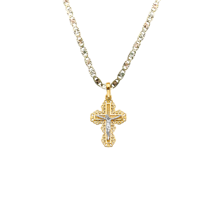 14k Gold Two Tone Fancy Jesus Cross Pendant with Solid Chain - LE-2599