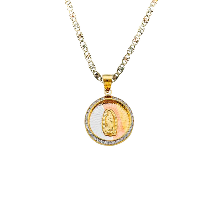 14k Virgin Mary Gold Pendant Round Gemstones with Solid Chain - LE-2303