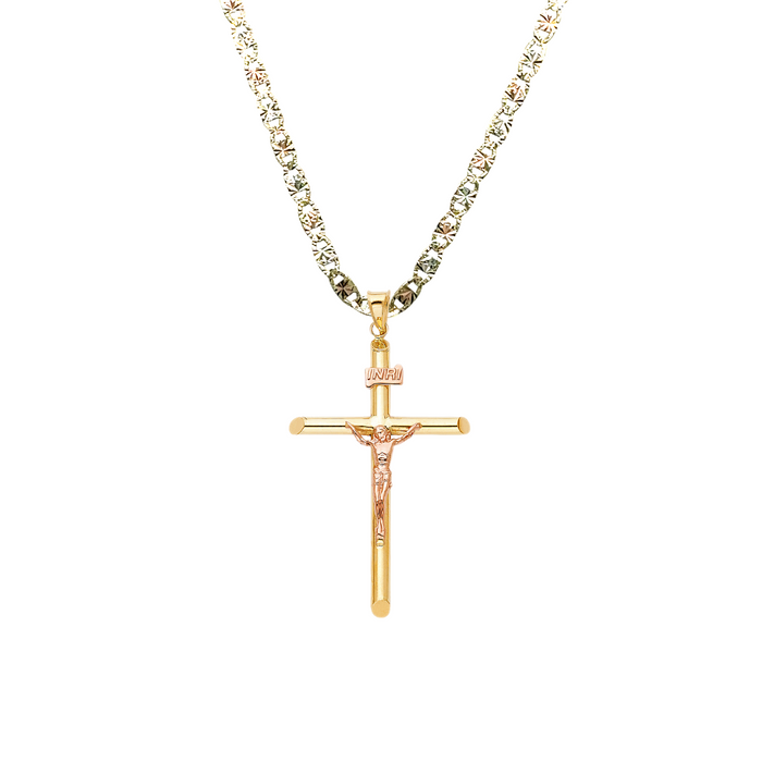 14k Rose Gold Jesus Cross Pendant with Solid Chain - LE-0849