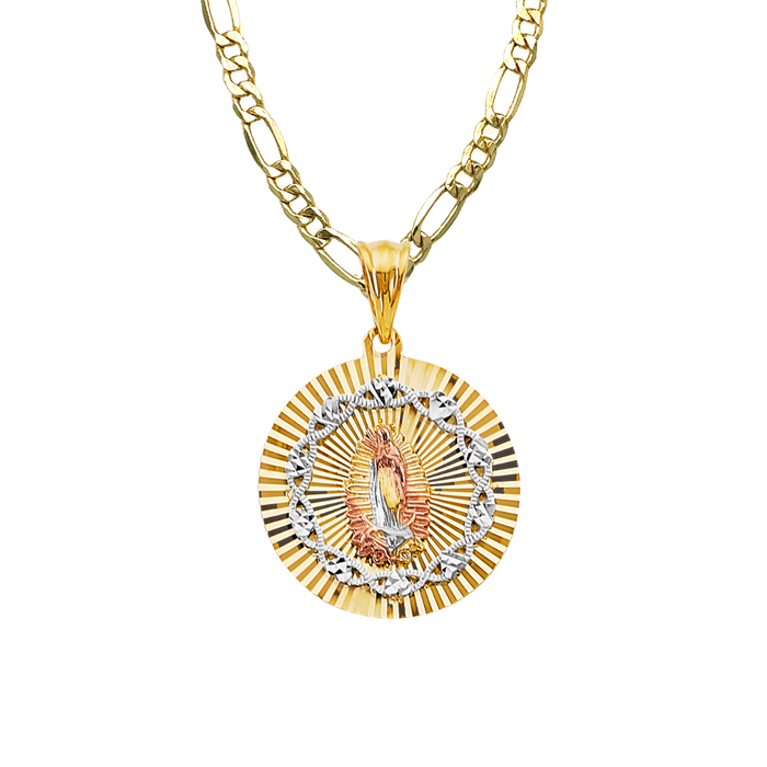 14k Virgin Mary Diamond Cut Gold Pendant with Solid Figaro Chain - LE-3199