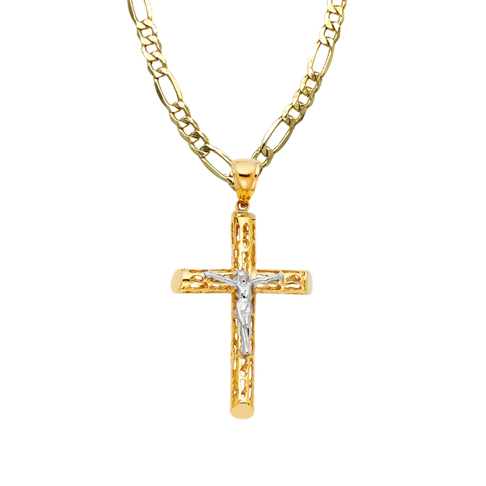 14k Two Tone Gold Turkish Jesus Cross with Solid Figaro Chain - LE-1215