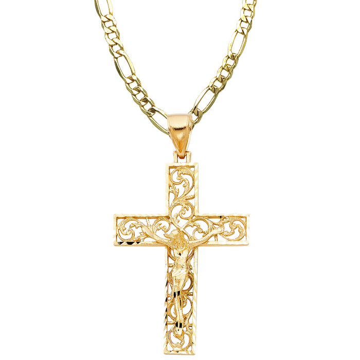 14k Gold Large Ornate Jesus Cross with Solid Figaro Chain - LE-0985