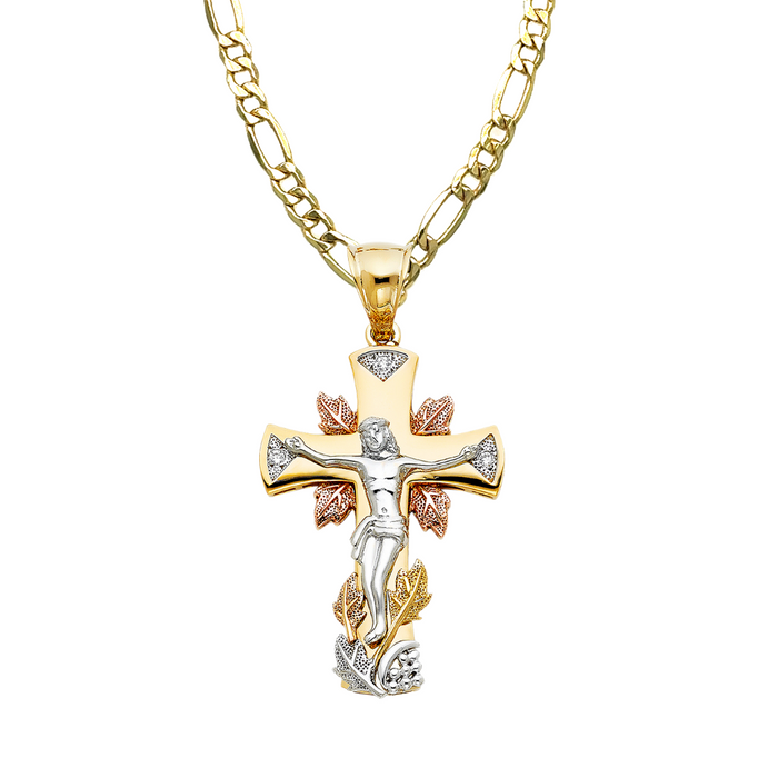 14k TriGold Jesus Gemstone Leaf Cross with Solid Figaro Chain - LE-0932