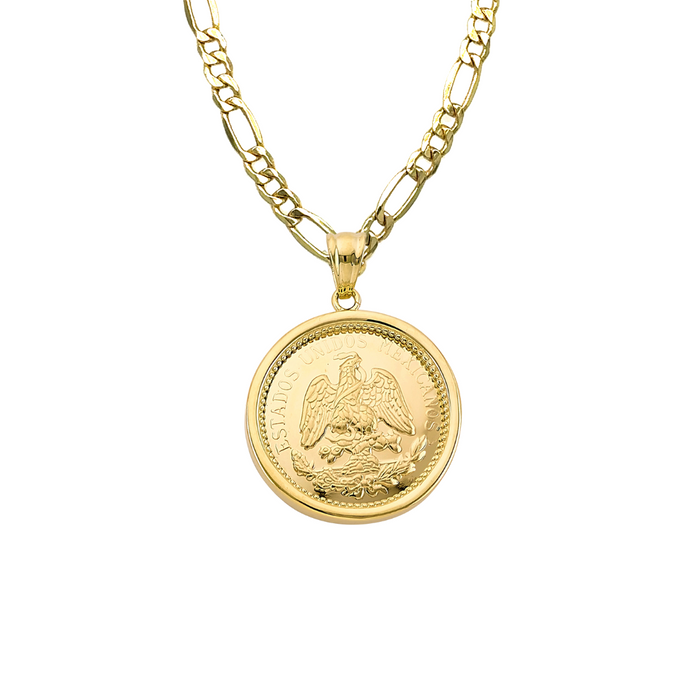 14k Gold Centenario Design Bezel with Solid Figaro Chain - LE-3253