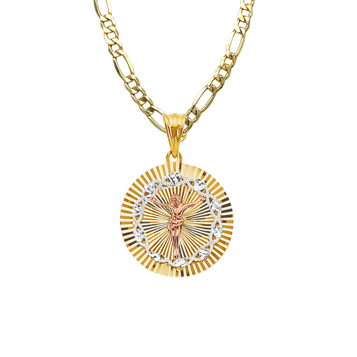 14k Jesus Christ Diamond Cut Gold Pendant with Solid Figaro Chain - LE-3200