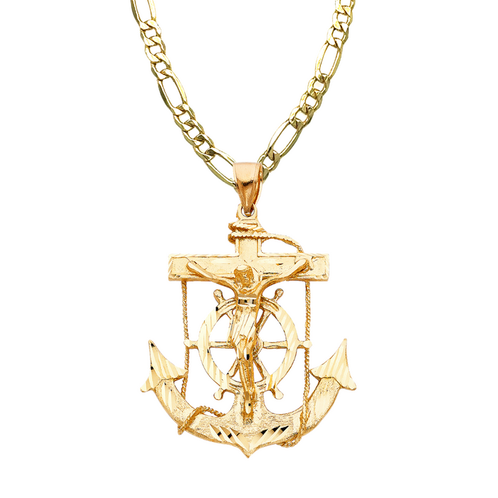 14k Gold Jesus Anchor Mariner Pendant with Solid Chain - LE-1220