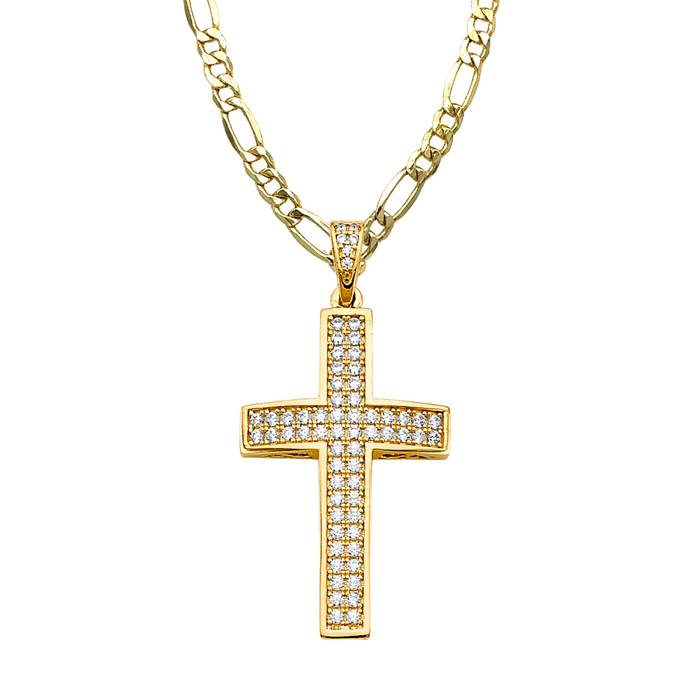 14k Gold Gemstone Cross with Solid Figaro Chain - LE-2602