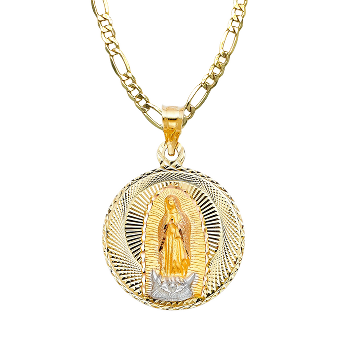 14k Virgin Mary Yellow Gold Pendant with Solid Figaro Chain - LE-296