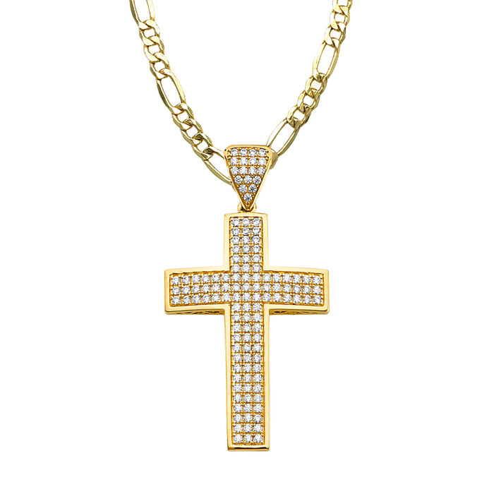 14k Gold Large Gemstone Cross with Solid Figaro Chain - LE-2601