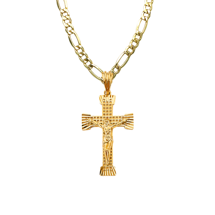 14k Gold Layered Jesus Cross with Solid Figaro Chain - LE-2921