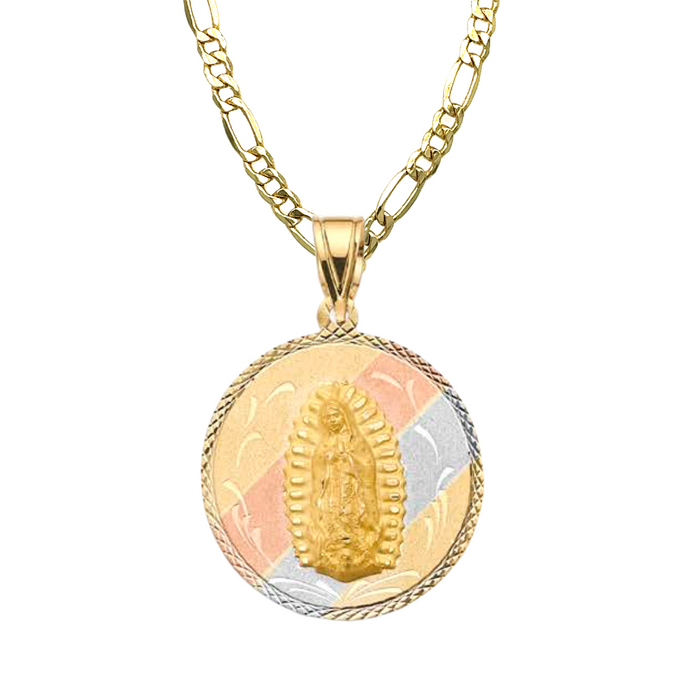 14k Virgin Mary Sacred Heart Gold Pendant with Solid Figaro Chain - LE-2805