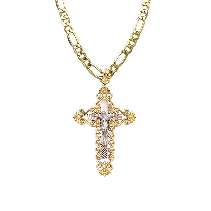 14k Tri Color Gold Jesus Cross with Solid Figaro Chain - LE-0859