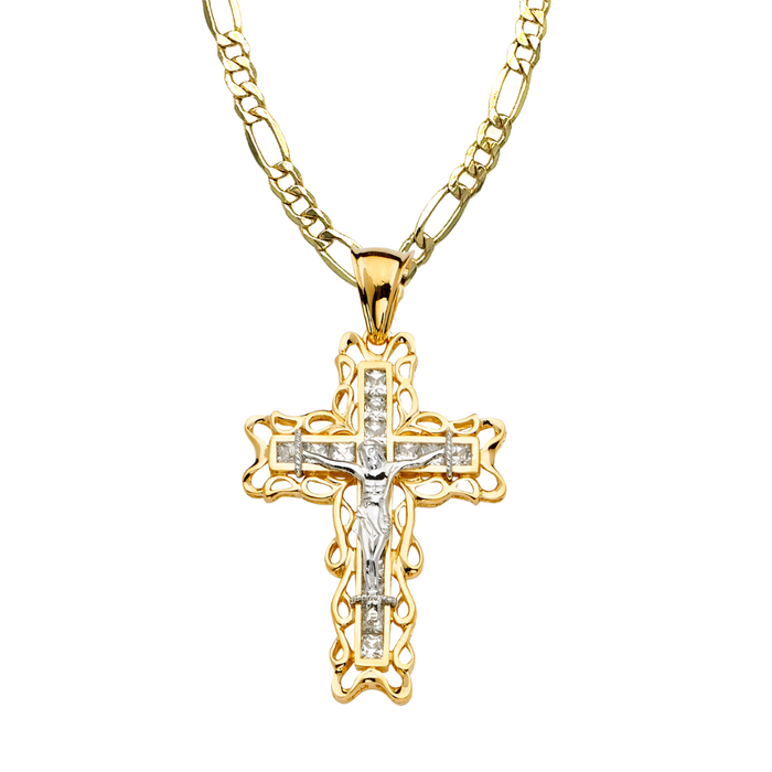 14k Two Tone Gold Gemstone Jesus Cross with Solid Figaro Chain - LE-2153