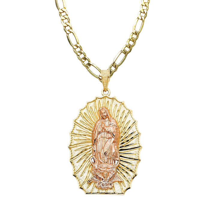 14k Large Radiant Virgin Mary Pendant with Solid Figaro Chain