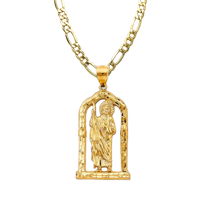 14k San Judas Diamond Cut Altar Pendant with Solid Figaro Chain - LE-2907