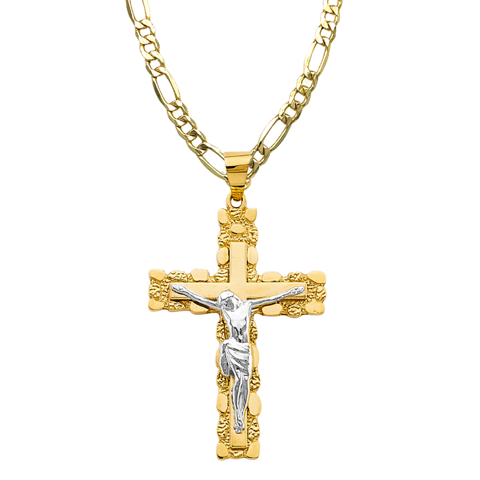 14k Large Two Tone Gold Nugget Jesus Cross with Solid Figaro Chain - LE-2945