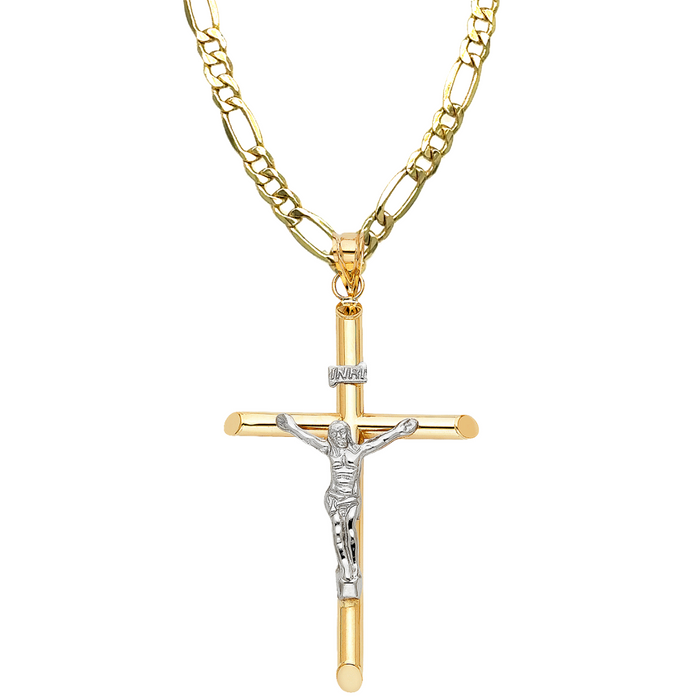 14k Large Two Tone Jesus Gold Cross with Solid Figaro Chain - LE-0847