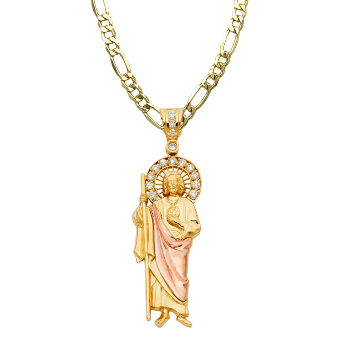 14k San Judas Gold Large Gemstone Pendant with Solid Chain - LE-1138