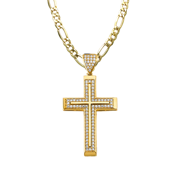 14k Gold Large Gemstone Cross with Solid Figaro Chain - LE-2600