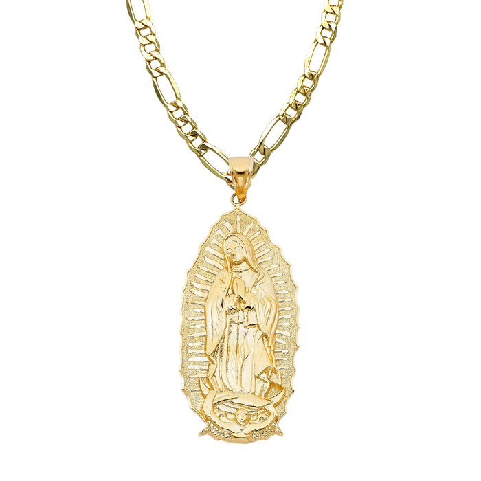 14k Large Virgin Mary Pendant All Yellow with Solid Figaro Chain