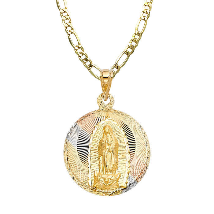 14k Virgin Mary Tri Color Gold Pendant with Solid Figaro Chain - LE-289