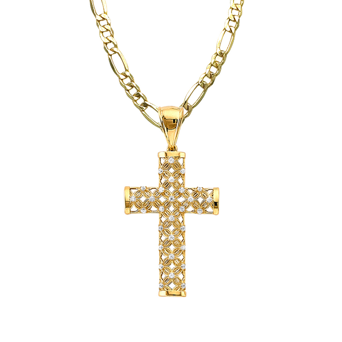 14k Gold Fancy Gemstone Cross with Solid Figaro Chain - LE-3232