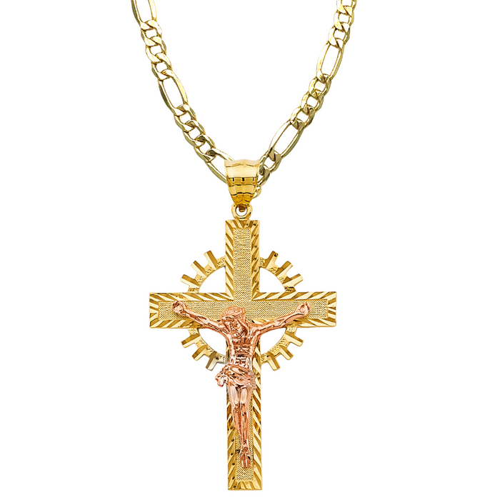 14k Gold Jesus Cross with Solid Figaro Chain - LE-2943