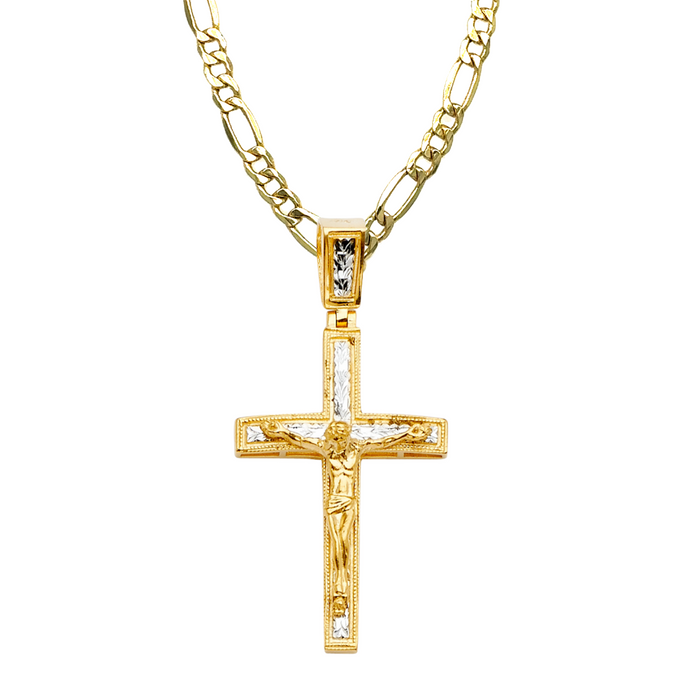 14k Two Tone Gold Jesus Cross with Solid Figaro Chain - LE-2184