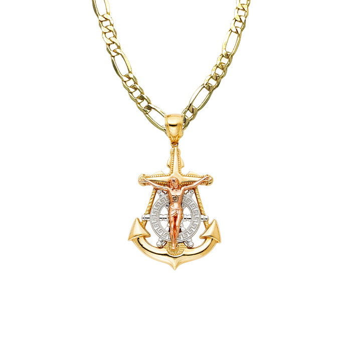 14k Gold Tri Tone Jesus Anchor Mariner Pendant with Solid Chain - LE-1207