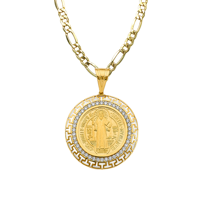 14k San Benito Gold Gemstone Coin Pendant with Solid Figaro Chain - LE-2870