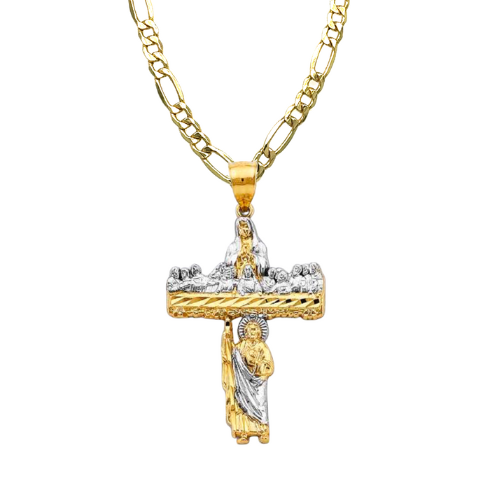 14k San Judas Virgin Mary Last Supper Gold Cross with Solid Figaro Chain - LE-2908